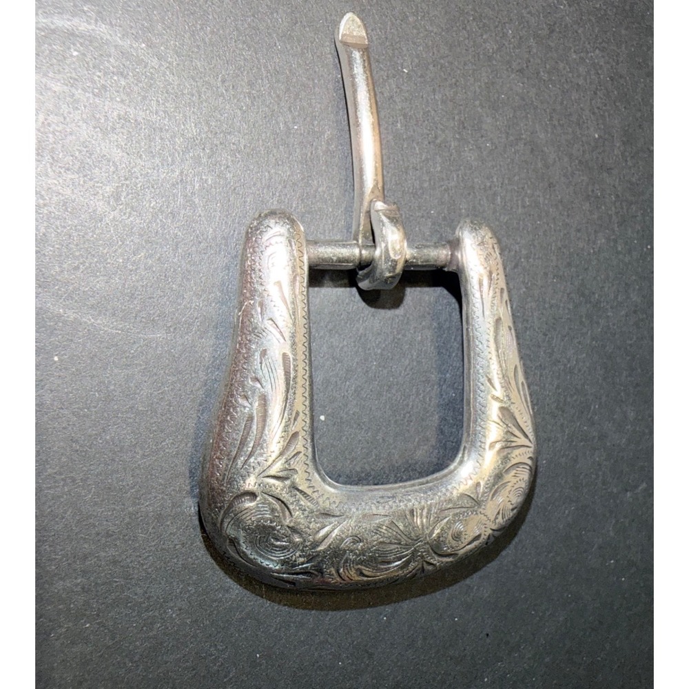 Vintage R.O.C. Western Belt Buckle Silver Tone‎ Floral Engraved Floral Scroll